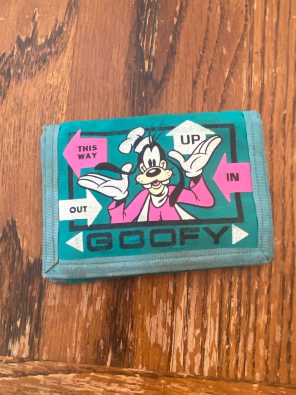 Vintage 1990s Goofy Nylon Trifold Wallet With Retro Graphics Turquoise & Pink
